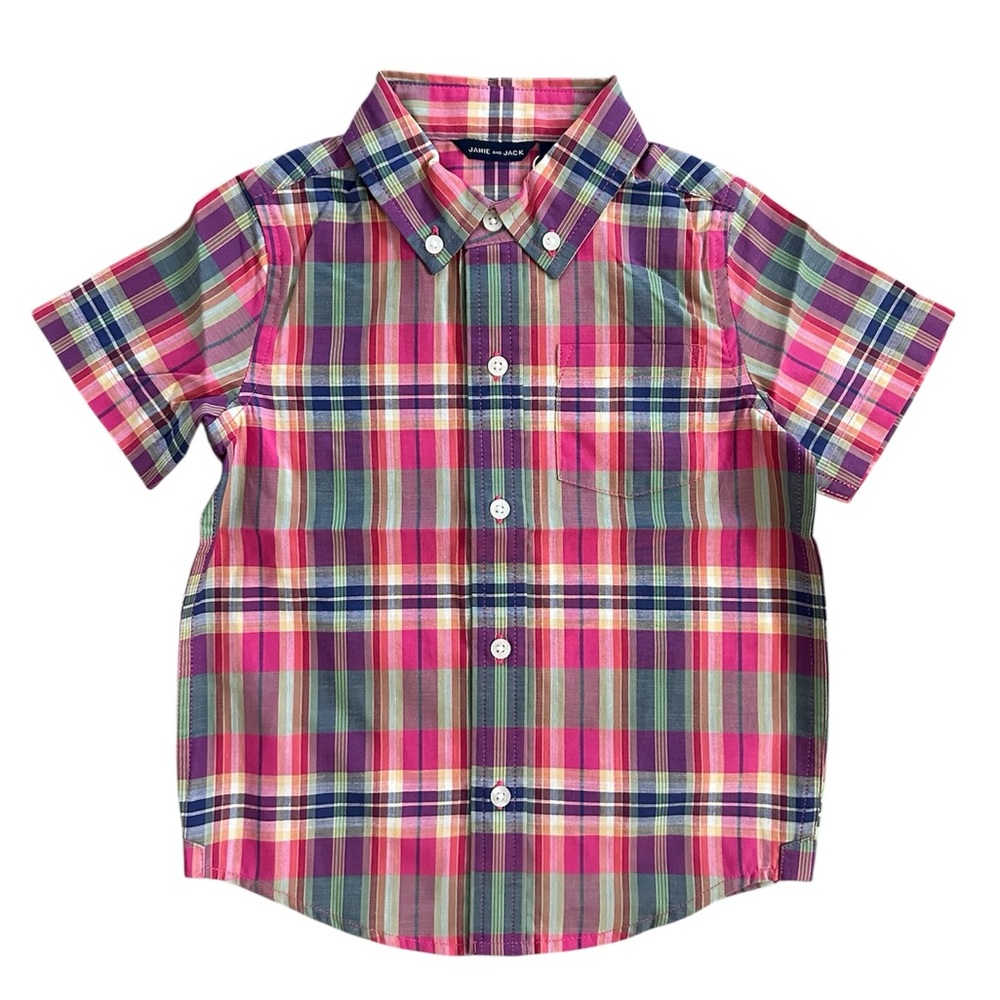 Janie and Jack Boys 2T Plaid Button Front Shirt Short Sleeve NWT Colorful